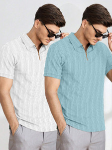 COMBRAIDED Striped Men Zip Neck White Light