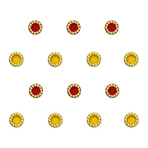 comet busters round red and yellow bindi with gold beads border 4 mm bin238