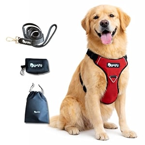 comfort adjustable dog harness with free carry bag padded leash amp poop bag holder size l naughty red soft padded chest amp back no-pull design safety buckles reflective trim