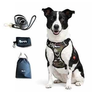 comfort adjustable dog harness with free carry bag padded leash amp poop bag holder size l camouflage design soft padded chest amp back no-pull design safety buckles reflective trim