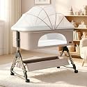 Comfortable 6-in-1 Baby Cot, Crib, Bedside Bassinet with Adjustable Height, Mosquito Net, Storage Basket, Wheels, and Mattress | Easy Folding, Unique Design (Light Beige)