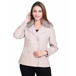 comfy sparrow women standard length wool blend double breasted short coat with detachable fur collar