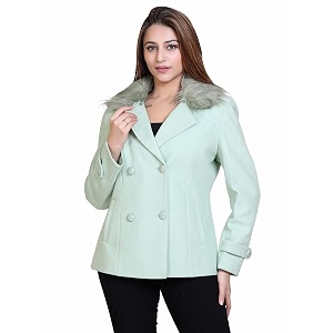 comfy sparrow women standard length wool blend double breasted short coat with detachable fur collar