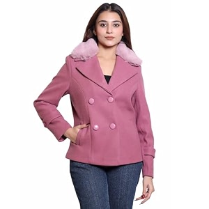 comfy sparrow women standard length wool blend double breasted short coat with detachable fur collar