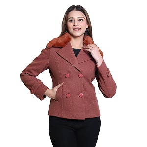 comfy sparrow women standard length wool blend double breasted short coat with detachable fur collar