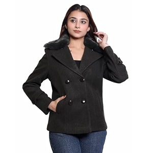 comfy sparrow women standard length wool blend double breasted short coat with detachable fur collar