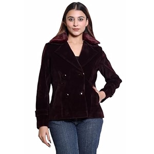 comfy sparrow women standard length wool blend double breasted short coat with detachable fur collar