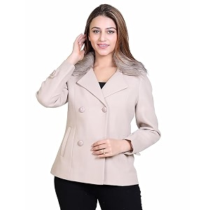 comfy sparrow women double breasted short coat with detachable fur collar medium off white