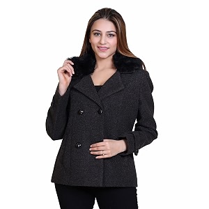comfy sparrow women standard length wool blend double breasted short coat with detachable fur collar