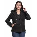 Comfy Sparrow Women Standard Length Wool Blend Double Breasted Short Coat with Detachable Fur Collar
