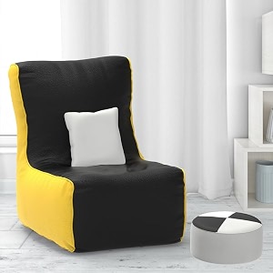 comfybean bag with beans filled xxl bean chair with free cushion and footrest - official  comfortcurve chair color  black yellow