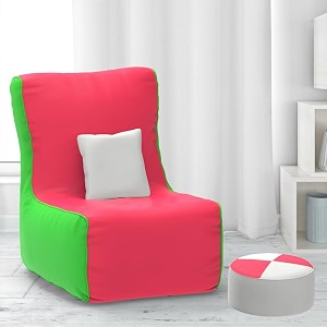 comfybean bag with beans filled xxl bean chair with free cushion and footrest - official  comfortcurve chair color  pink parrot-green