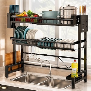 comfyhome over sink dish drying rack for kitchen 2-tier carbon steel kitchen organizer with utensil holder amp cutting board slot  expandable length 23634-39334black