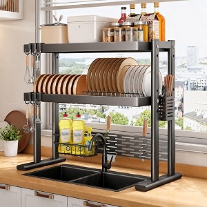 comfyhome over sink dish drying rack for kitchen 2-tier carbon steel kitchen organizer with utensil holder amp cutting board slot  expandable length 23634-39334black