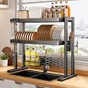 COMFYHOME Over Sink Dish Drying Rack for Kitchen– 2-Tier Carbon Steel Kitchen Organizer with Utensil Holder & Cutting Board Slot – Expandable Length 23.6"-39.3"(Black)