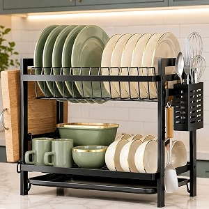comfyhome utensils drying rack 2-tier carbon steel dish drying rack saving countertop organizer with drainboard drainer tray amp utensil holderrust-resistant suitable for plates cutlery bowls