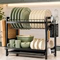 COMFYHOME Utensils Drying Rack, 2-Tier Carbon Steel Dish Drying Rack, Saving Countertop Organizer with Drainboard, Drainer Tray &amp; Utensil Holder,Rust-Resistant Suitable for Plates, Cutlery, Bowls.