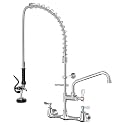 Commercial Wall Mount Kitchen Faucet with Pull Down Pre-Rinse Sprayer, Adjustable Swing Spout, Heavy-Duty Utility Sink Tap for Restaurant, Bar, 3 Compartment Sinks