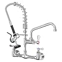 Commercial Wall Mount Kitchen Faucet with Pull Down Pre-Rinse Sprayer, Adjustable Swing Spout, Heavy-Duty Utility Sink Tap for Restaurant, Bar, 3 Compartment Sinks