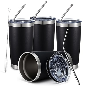 comooo 20oz black tumbler 4 pack stainless steel insulated travel mug with lid and straw vacuum double wall coffee cup for hot beverage and cold drinksblack 4 pack