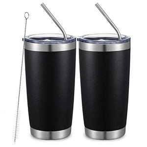 comooo 20oz double wall vacuum insulated travel mug stainless steel tumbler with lid and straw durable powder coated insulated coffee cup for cold amp hot drinks black 12 pack