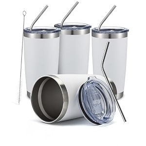 comooo 20oz white tumbler bulk with straw stainless steel insulated coffee tumbler cups double wall vacuum travel coffee mug with splash proof sliding lid for hot cold drinks white 4 pack