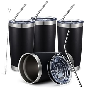 comooo 20oz black tumbler 4 pack stainless steel insulated travel mug with lid and straw vacuum double wall coffee cup for hot beverage and cold drinksblack 4 pack