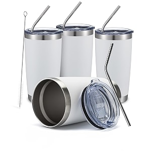 comooo 20oz white tumbler bulk with straw stainless steel insulated coffee tumbler cups double wall vacuum travel coffee mug with splash proof sliding lid for hot cold drinks white 4 pack