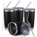 COMOOO 20oz Black Tumbler 4 Pack Stainless Steel Insulated Travel Mug with Lid and Straw Vacuum Double Wall Coffee Cup for Hot Beverage and Cold Drinks(Black, 4 Pack)