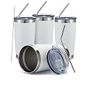 COMOOO 20oz White Tumbler Bulk with Straw Stainless Steel Insulated Coffee Tumbler Cups Double Wall Vacuum Travel Coffee Mug with Splash Proof Sliding Lid for Hot Cold Drinks (White, 4 Pack)