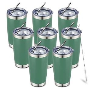 comooo 20oz tumbler bulk double wall vacuum insulated travel mug stainless steel tumbler with lid and straw durable powder coated insulated coffee cup for cold amp hot drinks army green 4 pack