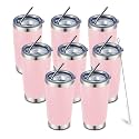 COMOOO 20oz 8 Pack Tumbler Double Wall Vacuum Insulated Coffee Travel Mug Stainless Steel Tumbler Bulk with Lid and Straw Insulated Coffee Cup for Cold &amp; Hot Drinks (Pink, 8 Pack)