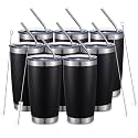 COMOOO 20oz/8Pack Black Tumbler Double Wall Vacuum Insulated Coffee Travel Mug Stainless Steel Tumbler with Lid and Straw Coffee Cup for Cold Drinks &amp; Hot Beverage, Home and Outdoor (Black, 8 Pack)