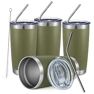 comooo 20oz tumbler bulk double wall vacuum insulated travel mug stainless steel tumbler with lid and straw durable powder coated insulated coffee cup for cold amp hot drinks army green 4 pack
