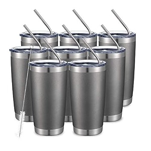 comooo 20oz8pack double wall vacuum insulated travel mug stainless steel tumbler with lid durable powder coated insulated coffee cup for cold amp hot drinks cold grey 8 pack