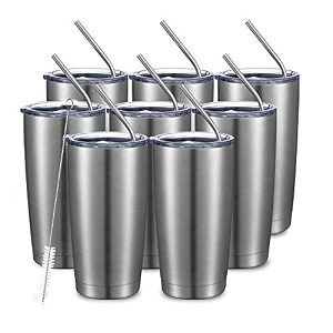 comooo 20oz8pack double wall vacuum insulated travel mug stainless steel tumbler drinking cup with lid durable powder coated insulated coffee cup for cold amp hot drinks silver 8 pack