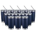 COMOOO 20oz Double Wall Vacuum Insulated Travel Mug Bulk Stainless Steel Tumbler with Lid and Straw Durable Powder Coated Insulated Coffee Cup for Cold &amp; Hot Drinks (Navy, 12 pack