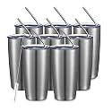 COMOOO 20oz/8Pack Double Wall Vacuum Insulated Travel Mug, Stainless Steel Tumbler Drinking Cup with Lid, Durable Powder Coated Insulated Coffee Cup for Cold &amp; Hot Drinks (Silver, 8 Pack)