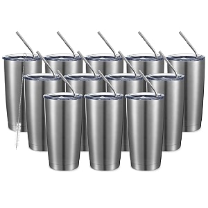 comooo 20oz double wall vacuum insulated travel mug stainless steel tumbler with lid durable powder coated insulated coffee cup for cold amp hot drinks silver12 pack