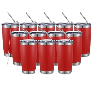 comooo 20oz double wall vacuum insulated travel mug stainless steel tumbler with lid and straw durable powder coated insulated coffee cup for cold amp hot drinks red12 pack