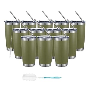 comooo 20oz double wall vacuum insulated travel mug stainless steel tumbler with lid durable powder coated insulated coffee cup for cold amp hot drinks army green12 pack