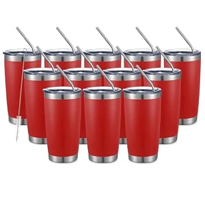 comooo 20oz double wall vacuum insulated travel mug stainless steel tumbler drinking cup with lid and straw durable powder coated insulated for cold amp hot drinks red 8 pack