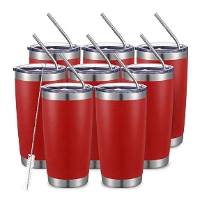 comooo 20oz double wall vacuum insulated travel mug stainless steel tumbler drinking cup with lid and straw durable powder coated insulated for cold amp hot drinks red 8 pack