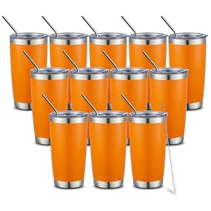 comooo 20oz double wall vacuum insulated travel mug bulk stainless steel tumbler with lid and straw durable powder coated insulated coffee cup for cold amp hot drinks orange 12 pack