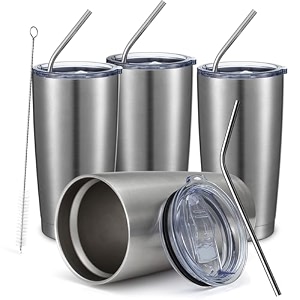 comooo 20oz stainless steel tumbler bulk double wall vacuum coffee cup insulated travel mug with lid and straw durable powder coated insulated coffee cup for cold amp hot drinks silver 4 pack