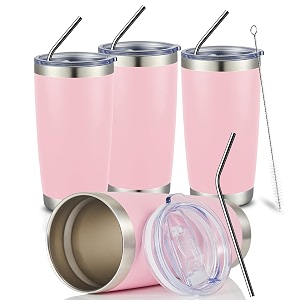 comooo 20oz tumbler bulk double wall vacuum insulated travel mug stainless steel tumbler with lid and straw durable powder coated insulated coffee cup for cold amp hot drinks pink 4 pack