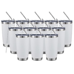 comooo 20oz double wall vacuum insulated travel mug stainless steel tumbler with lid durable powder coated insulated coffee cup for cold amp hot drinks white12 pack