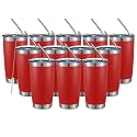 COMOOO 20oz Double Wall Vacuum Insulated Travel Mug, Stainless Steel Tumbler with Lid and Straw Durable Powder Coated Insulated Coffee Cup for Cold &amp; Hot Drinks (red，12 pack