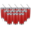 COMOOO 20oz Double Wall Vacuum Insulated Travel Mug, Stainless Steel Tumbler Drinking Cup with Lid and Straw Durable Powder Coated Insulated for Cold & Hot Drinks (Red, 8 PACK)