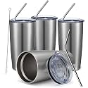 COMOOO 20oz Stainless Steel Tumbler Bulk Double Wall Vacuum Coffee Cup Insulated Travel Mug with Lid and Straw Durable Powder Coated Insulated Coffee Cup for Cold &amp; Hot Drinks (silver, 4 pack